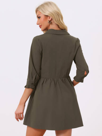 Allegra K- 3/4 Sleeve Button Up Flare Shirt Dress