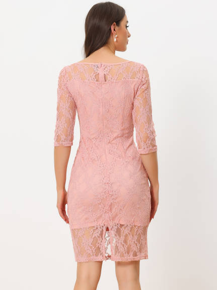 Allegra K- Lace 3/4 Sleeve Square Neck Midi Straight Tired Dress