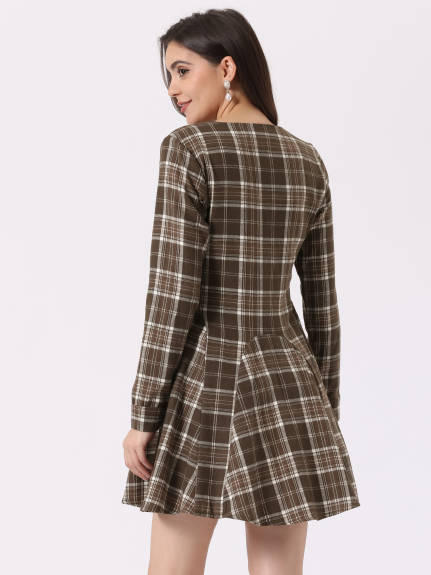 Allegra K- Plaid Long Sleeve Belted A-Line Shirt Dress