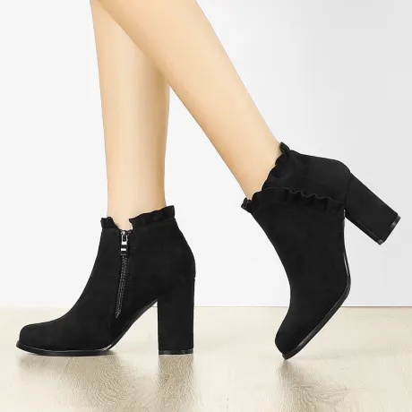 Allegra K- Ruffle Trim Block Heel Ankle Boots