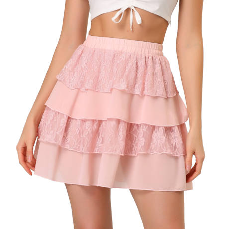 Allegra K- A-Line Lace Mini Tiered Skirt