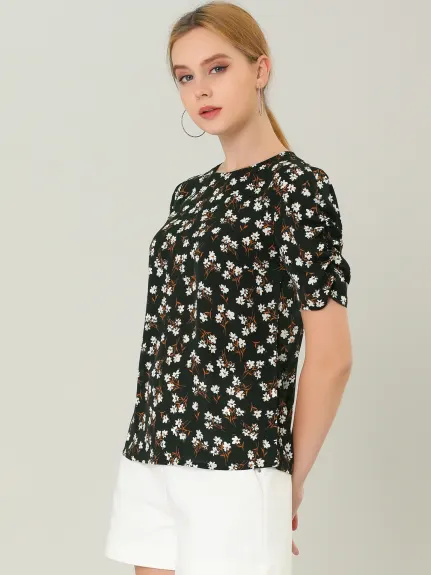 Allegra K- Blouse florale col rond froncé élégant haut à manches courtes