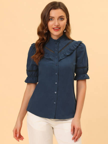 Allegra K - Button Down Cotton Ruffle Neck Shirt