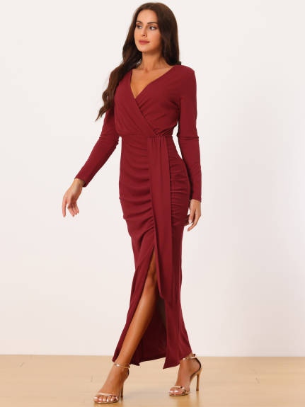 Allegra K- Maxi Bodycon V Neck Draped Front Ruched Cocktail Dress with Slit