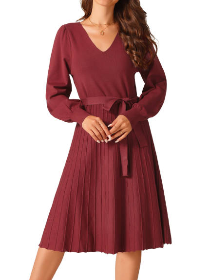 INSPIRE CHIC - V-Neck Tie Waist Pleated Dress