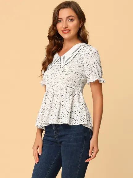 Allegra K- Smocked Polka Dots Peplum Blouse