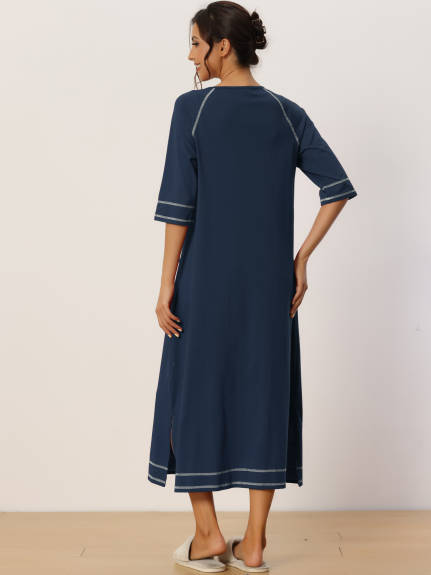 cheibear - Zipper Long Sleeve Midi Nightgown with Pockets