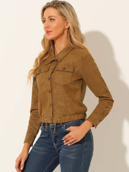 Allegra K- Faux Suede Point Collar Button Up Biker Moto Jacket