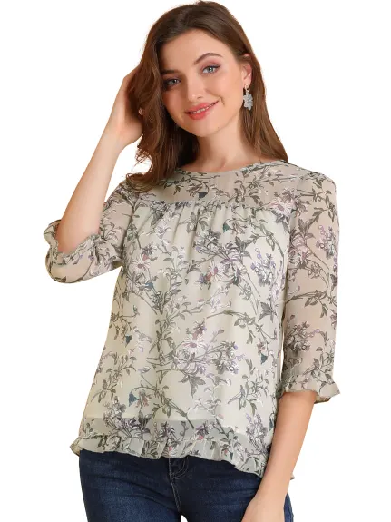 Allegra K- Floral Ruffled 3/4 Sleeve Chiffon Blouse