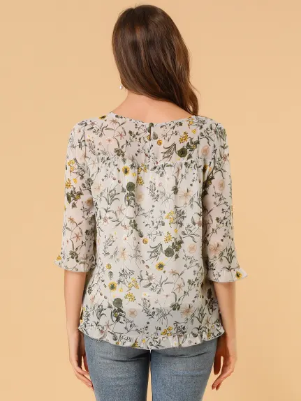 Allegra K- Floral Ruffled 3/4 Sleeve Chiffon Blouse