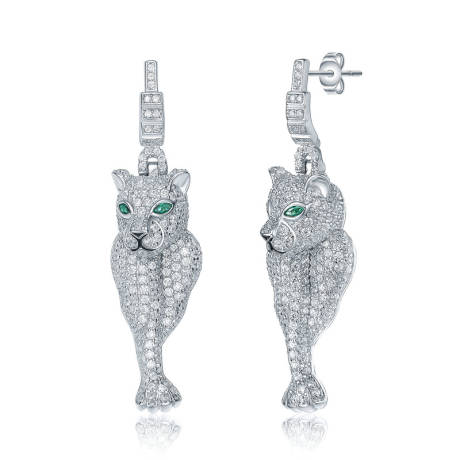 Genevive Sterling Silver White Gold Plated with Emerald Eyes Cubic Zirconia Panther Dangle Earrings