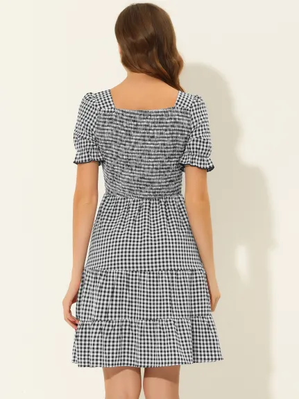 Allegra K- Plaid Gingham Ruffle Tiered Puff Sleeve Dress