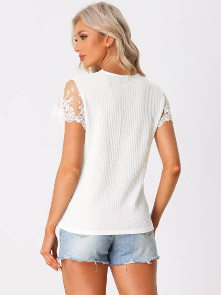 Allegra K - T-shirt col V en dentelle au crochet