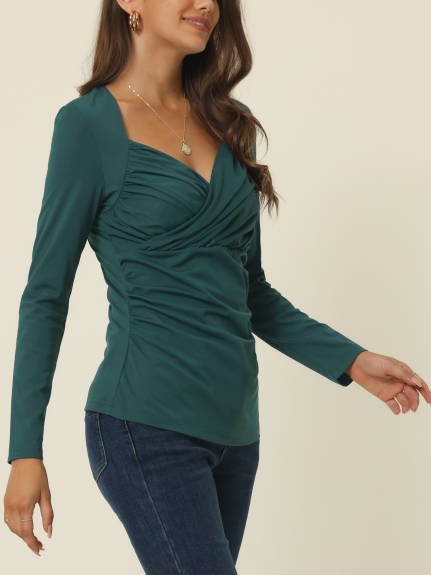 Allegra K- Wrap Sweetheart Long Sleeve Blouse