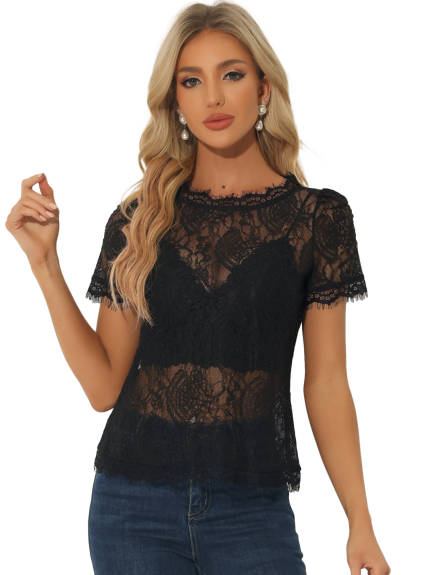 Allegra K- Lace Floral Scalloped Trim Semi Sheer Blouse