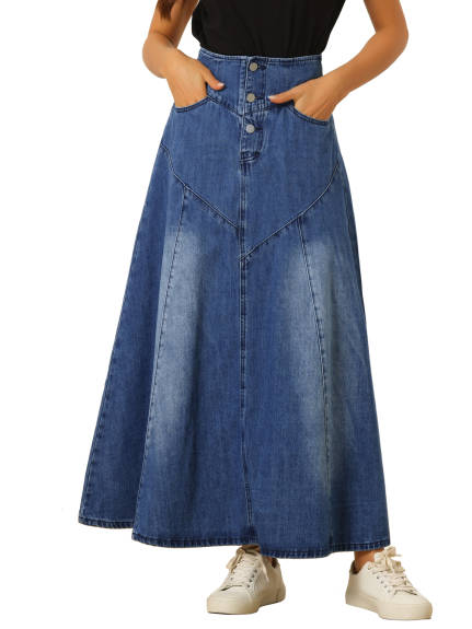 Allegra K- High Waisted A-Line Flared Maxi Denim Skirt