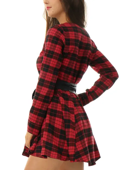 Allegra K- Plaid Long Sleeve Belted A-Line Shirt Dress