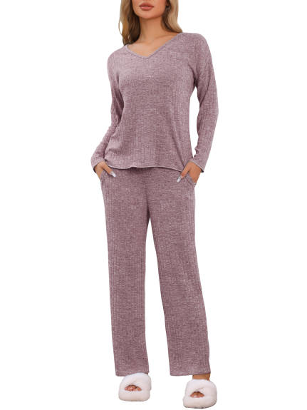 Cheibear - Ribbed Knit Long Sleeve Lounge Set