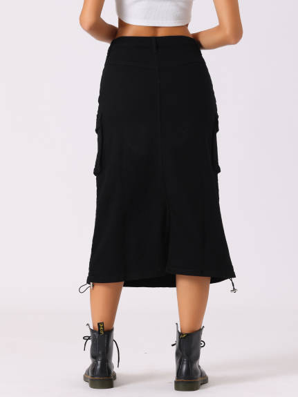 Allegra K- Flap Pocket Back Slit Drawstring Midi Cargo Skirt