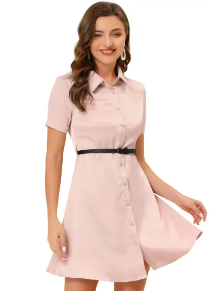 Allegra K- Satin Short Sleeve Button Down Belted Shirt Dress