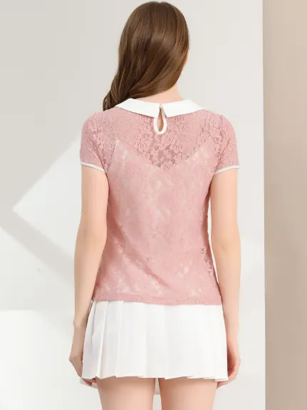 Allegra K- Contrast Peter Pan Collar Sheer Lace Top