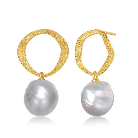 Genevive Sterling Silver 14k Yellow Gold Plated with Genuine Freshwater Button Pearl Drop Earrings