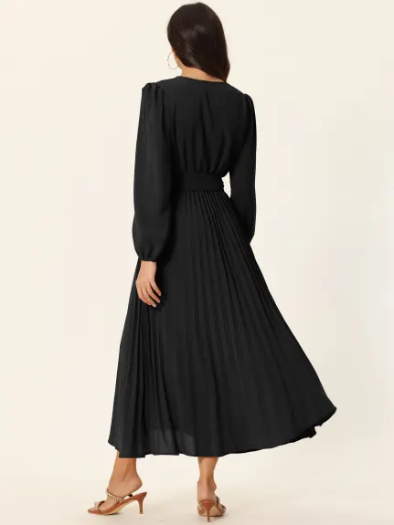 Allegra K- Pleated Puff Long Sleeve V Neck Belt Waist Midi Dress