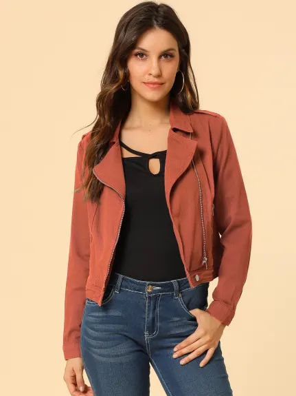 Allegra K- Veste en jean moto asymétrique à revers cranté et fermeture éclair