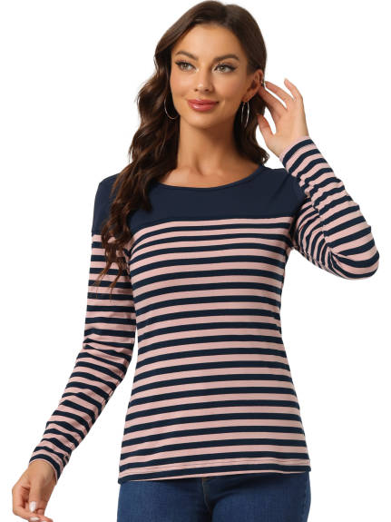 Allegra K- Color Block Long Sleeve Stripe T-Shirt