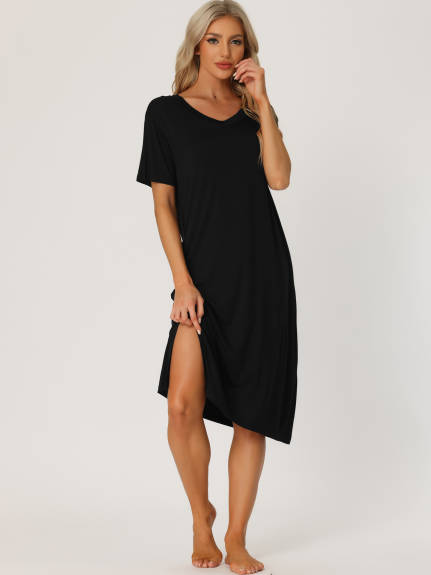 cheibear - Casual Short Sleeve Basic Midi Shirtdress