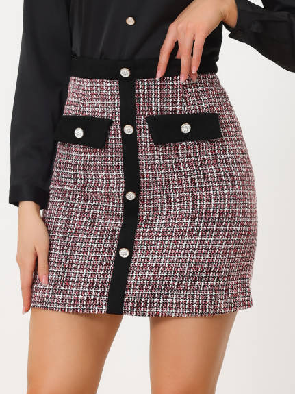 Allegra K- Plaid Tweed Button Decor Mini Skirt