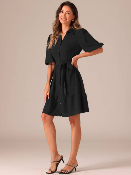 Allegra K - Belted Bubble Half Sleeve Shirt Dress