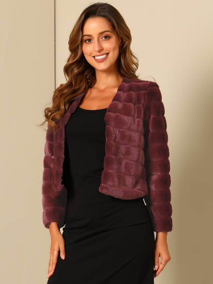 Allegra K- Cropped Collarless Faux Fur Fluffy Coat Jacket