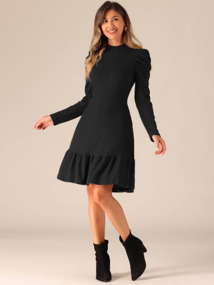 Allegra K - Crew Collar Stretchy Puff Long Sleeve Knit Dress