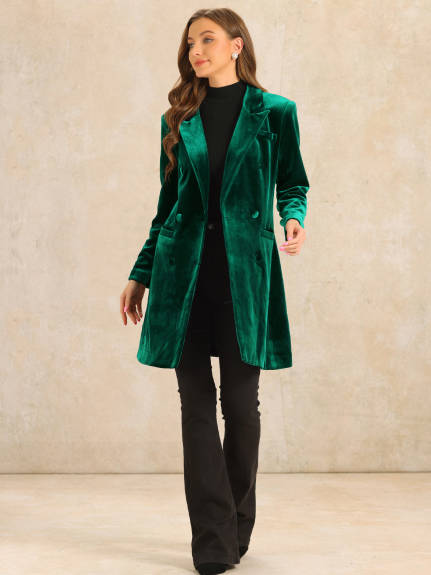 Allegra K - Velvet Double-Breasted Long Winter Coat