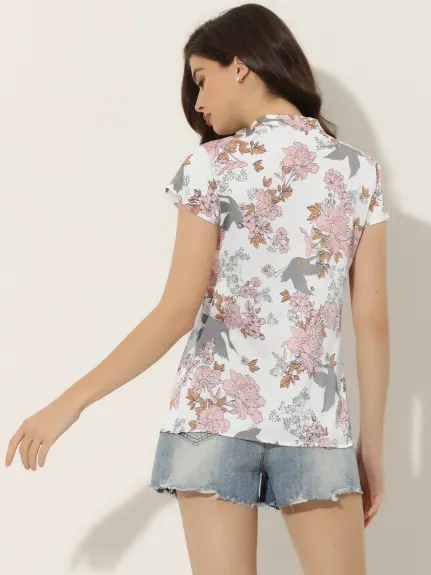 Allegra K- Satin Floral Cap Sleeve Blouse