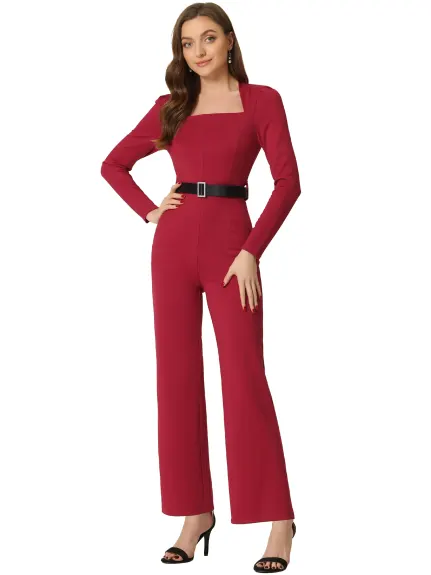 Allegra K - Square Neck Long Sleeve Straight Jumpsuit