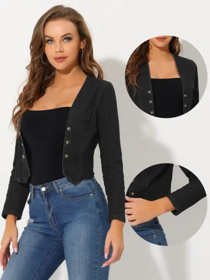 Allegra K- Veste courte sans col ouverte sur le devant en denim