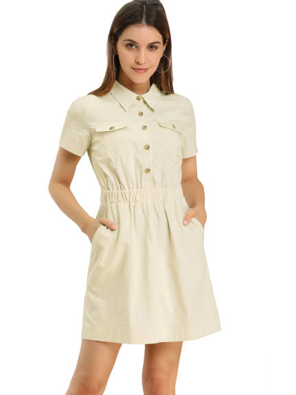 Allegra K- Short Sleeve Cotton Safari Shirt Dress