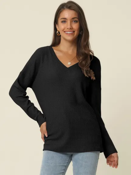 Allegra K- V Neck Waffle Knit Long Sleeve Slim Fit Top