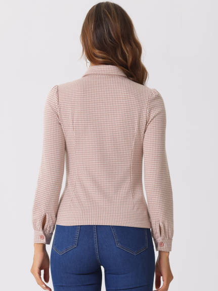 Allegra K- Houndstooth Print Choker Neck Puff Sleeve Blouse