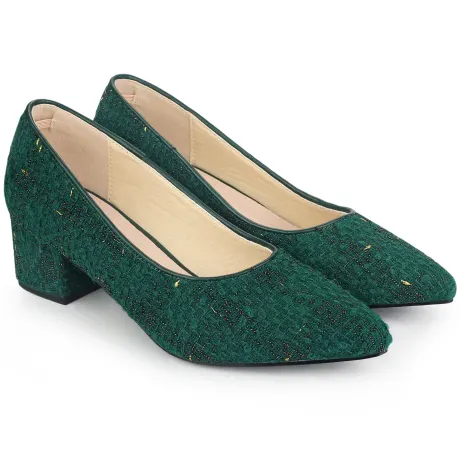 Allegra K - Pointy Toe Tweed Plaid Knitted Printing Block Heel Pump