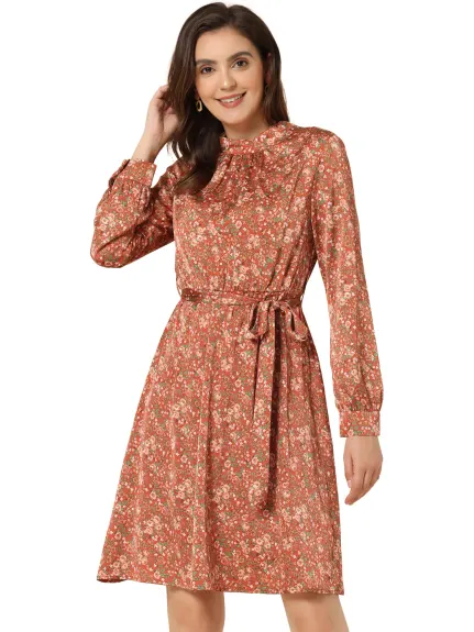 Allegra K- Mock Neck Floral Tie Waist A-line Dress