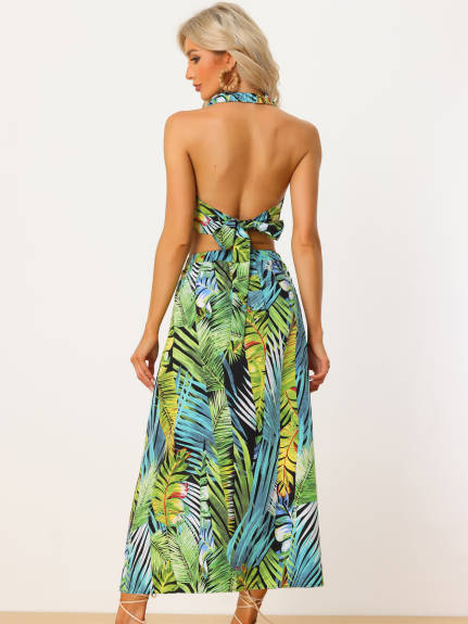 Allegra K- Tropical 2 Piece Tie Backless Halter Crop Top with Split Thigh Skirt Set