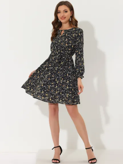 Allegra K- Choker Belted Keyhole V Neck Floral Dress