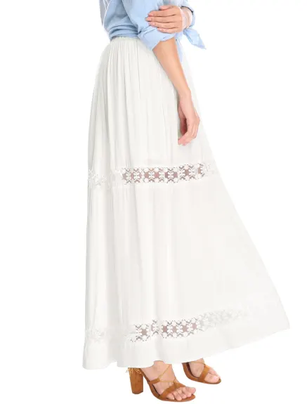 Allegra K - Lace Insert Swing Solid Maxi Skirt