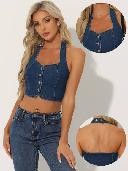 Allegra K- Denim Front Halter Backless Tank