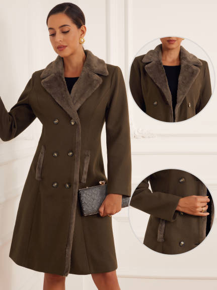 Allegra K - Manteau Long à Double Boutonnage avec Col en Fausse Fourrure