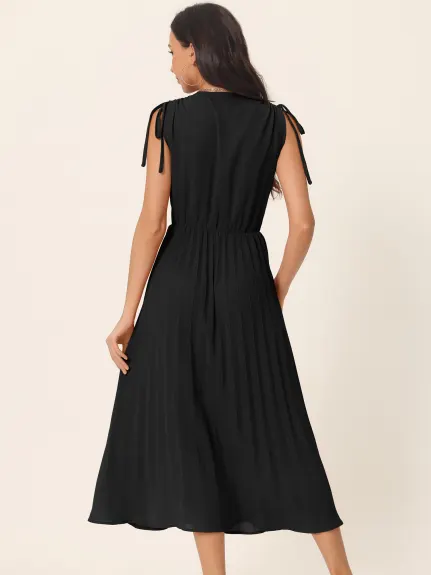 Allegra K - Sleeveless High Waist V Neck Pleated Dress