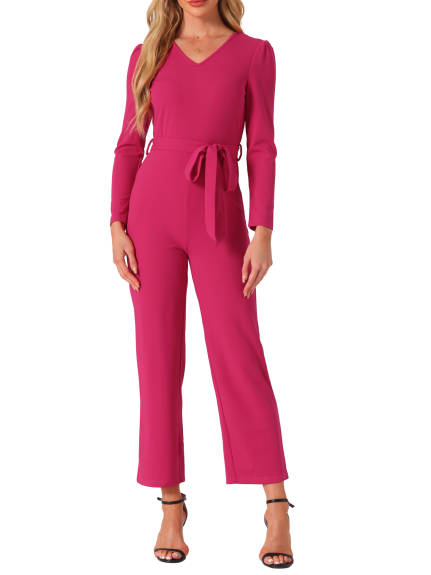 Allegra K - V Neck Long Sleeve Tie Waist Jumpsuit